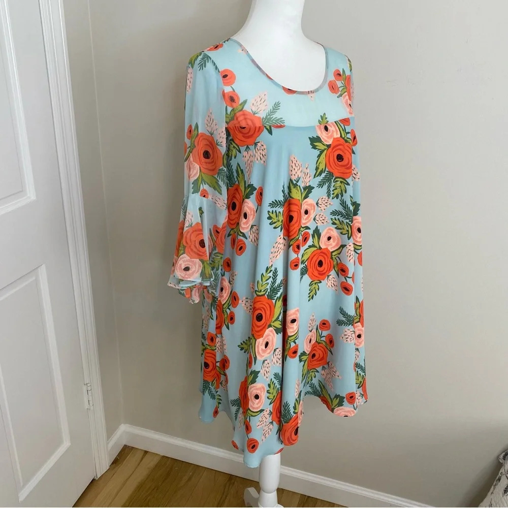 Rifle Paper Paper Crown Anthropologie Floral Blue MIDI Bell sleeve Dress SP - Picture 9 of 16
